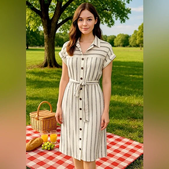 Calvin Klein Maxi Shirt Dress Size 14 Off-White Gray Stripe Button Front Belted - Picture 2 of 4